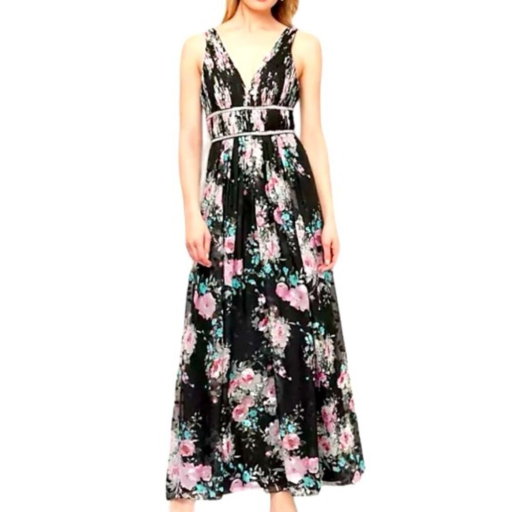 Alex Evenings Black Floral Rhinestone Formal Gown NWT Wedding Guest M